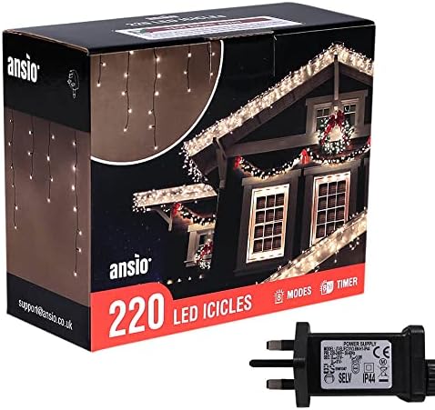 ANSIO® Outdoor Christmas Lights 220 LED 7.5m/24ft Icicle Lights Outdoor & Indoor Warm White Decorations String Fairy Outside Lights with Timer for Xmas Garden Bedroom & Party|Mains Powered Green Cable