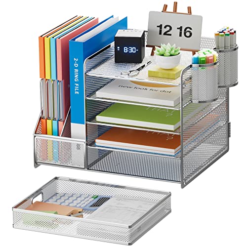 Image of Marbrasse Desk Organizer with File Holder, 5-Tier Paper Letter Tray Organizer with Drawer and 2 Pen Holder, Mesh Desktop Organizer and Storage with Magazine Holder for Office Supplies (Silver)