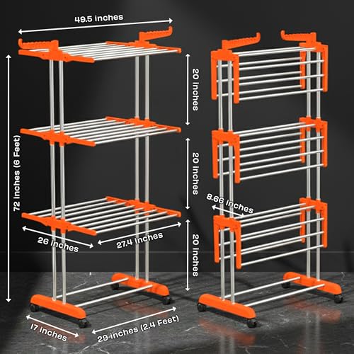 Image of ZOLMIX Premium Foldable Cloth Drying Stand Stainless Steel - 3 Tier Heavy Duty Clothes Dryer for Balcony, Indoor & Outdoor Use, Wheels & Hanger Slots Cloth Stand Anti Rust Laundry Rack - Orange