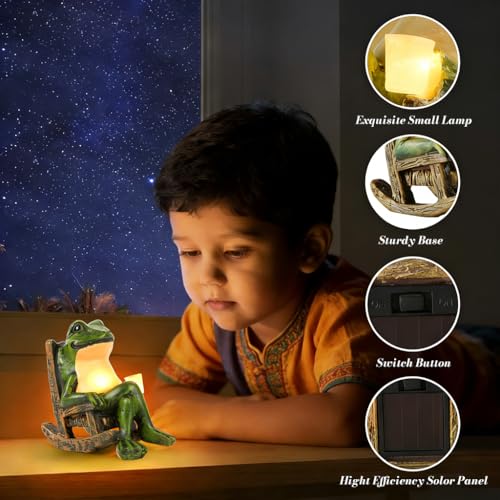 Image of HASTHIP Solar Frog Rocking Chair Statue Light, Funny Garden Resin Frog Night Light Planter Decor Mood Light, Decorative Lamp for Patio Porch Yard Home Decor Home Gift, 10x10x6cm