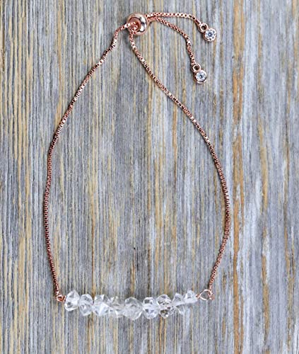 Herkimer Diamond Gemstone Bracelet- Adjustable Bolo Chain- Rose Gold- Women's Jewelry Gift Idea-April Birthstone