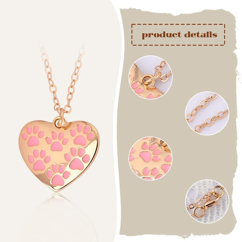 Heart-Shaped Paw Print Necklace Pink Gold Dog Cat Paw Pendant Necklace Puppy Dog Cat Mom Gifts for Women Pet Lovers Owners Rescuer Veterinarian Gifts for Birthday Christmas Animal Themed Party Favors - Image 3