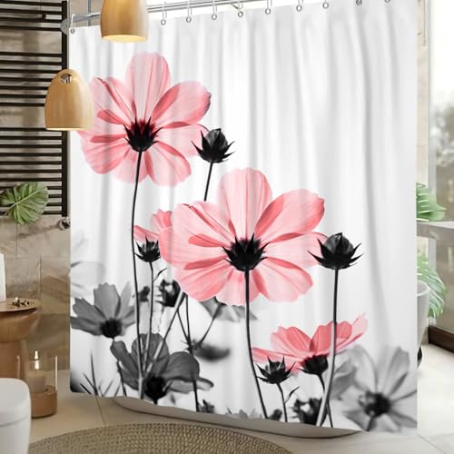 ZJRBJB Pink and Gray Floral Shower Curtain for Bathroom Decor, Country Pink Wildflower and Leaf Plant on White Shower Curtain with Hooks Nature Flower Bathroom Curtains Shower Set, 72W X 72L inches by ZJRBJB - Used condition - Image 7