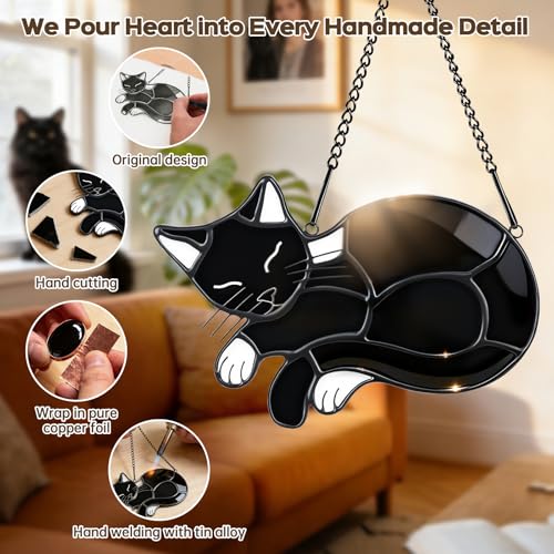 Black Cat Stained Glass Suncatcher Decor for Window Hanging - Memorial Gifts for Cat Lovers,Mom or Women - Sympathy Gift - Handcrafted Art Ornament — view 3