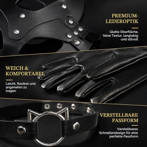 3 Stück Katzenkostüm Damen, Sexy Katzen Maske Handschuhe Choker – Bild 3
