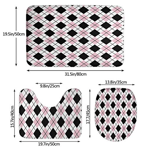 RedBeans Anti-Rutsch-Badvorleger, Flanell, 3-teilig, Schwarz/Pink/Weiß mit Argyle-Muster, Badezimmer-Set, Matten inkl… – Bild 3