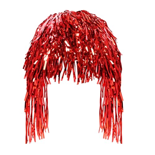 PENTA ANGEL Foil Tinsel Wig 80s Retro Metallic Shiny Long Fancy Dress Party Costume Wigs Photo Booth Props Wig for Women Men Halloween Disco Party Cosplay (Red)