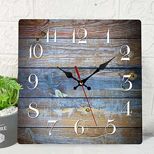 Wooden Wall Clock Silent Non-Ticking, Brown Blue Wood Grain Crack Retro Contemporary Wooden Square Rustic Coastal Wall Clocks Décor For Home Kitchen Living Room Office, Battery Operated(12 Inch) #TOP15