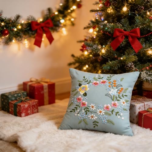 Embroidery Kit Pillowcase DIY Kit Cushion Cover Pillow Cover Embroidery Kit, Car Cushion DIY Hand Embroidery Pillow Case Kit Stitch Set with Flower Patterns and Embroidery Hoop Sewing Craft - 2