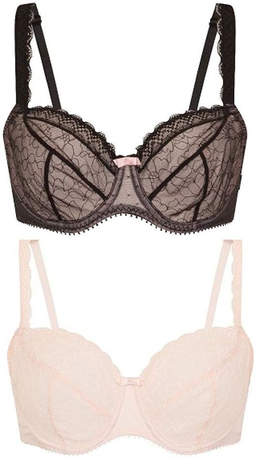 Highstreet OutletMultipack 2 Pack Non Paded Floral Lace Sheer Full Bra Bras Black & Pink Cup A-DD