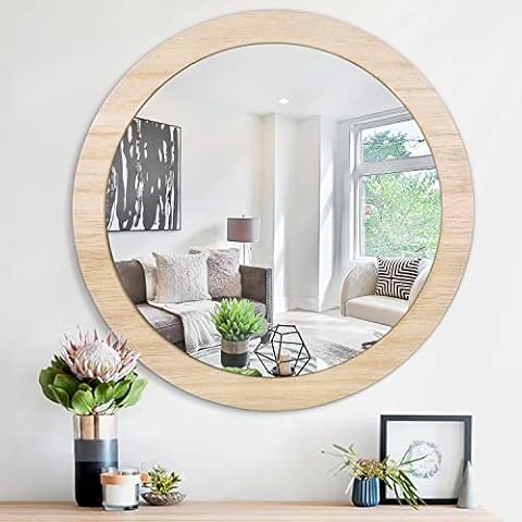 JJUUYOU Round Wall Hanging Mirror, Wood Frame Circle Decorative Wood Frame Farmhouse Wall Mirror 16", Wall Decor for Home, Bathroom or Vanity Cover