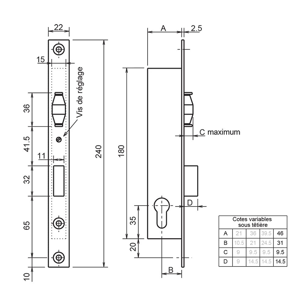 METALUX Serie 8 – Cerradura para empotrar 1 punto perno y rodillo sin empañar, cabeza de acero inoxidable, maletero, 46 x 180 mm, cerrojo para puerta de PVC o puerta metálica
