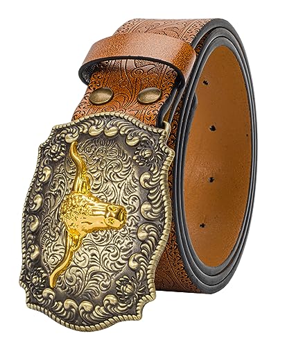 Western Cowboy Buckle Belts for Men Women - PU Leather Long Horn Floral Engraved Cowgirl Belt for Jeans2