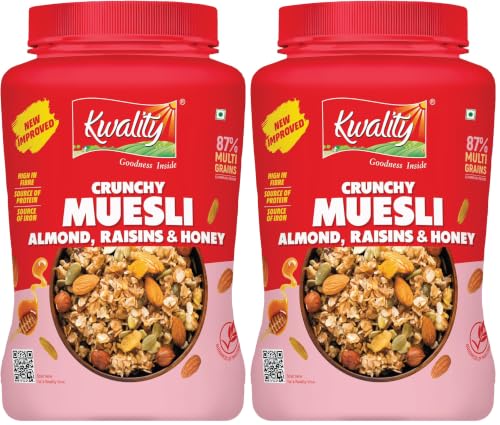 Image of Kwality Muesli Crunchy Almonds, Raisins & Honey 900g | 87% Multi Grains| Natural Source of Vitamin & Iron, High in Protein & Fiber, Low Fat & Cholesterol-Free (Pack of 2)