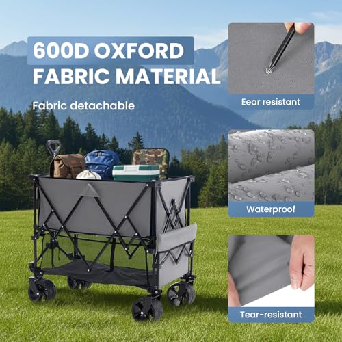 Image of DUMOS 440LBS Heavy Duty Double Decker Wagon with 54IN Extender, 400L Large Capacity Collapsible Garden Cart, All-Terrain 7IN Wheels with Brakes, Foldable Utility Wagon for Shopping, Camping, Grey