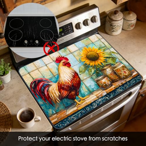 Image of Nuxovilar Rooster Stove Cover Diatom Mud 28.65x20.47 In | Glass Protector Countertop Mat Counter Saver Cooktop Cover Farmhouse Kitchen Patio Camper (Rooster Sunflower)