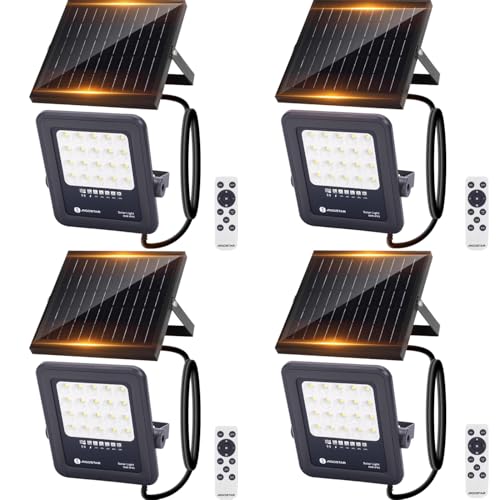 Aigostar Foco proyector LED solar con control remoto,focos solare de 100W, 1000LM,luz blanca fría de 6500K,IP65 Luz solar exterior,para jardín,terrazas,caminos,garajes,cable de 2M, 4 piezas