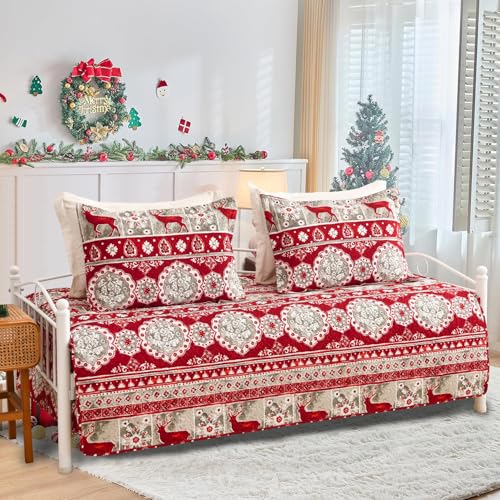 Image of Hailea Christmas Daybed Cover Double Sided Quilting Xmas Lodge Cabin Daybed Sets Bedding with 2 Pillow Shams Red Grey Elk Snowflake Holiday Xmas Bedspread Coverlet for All Season,39 inchx75 inch