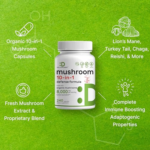 Organic Mushroom Supplement, 8,000mg Per Serving, 240 Capsules – 10 in 1 Defense Formula – Turkey Tail, Lions Mane, Cordyceps, Chaga, & More – Immune, Energy, & Brain Support – Non-GMO - Image 5