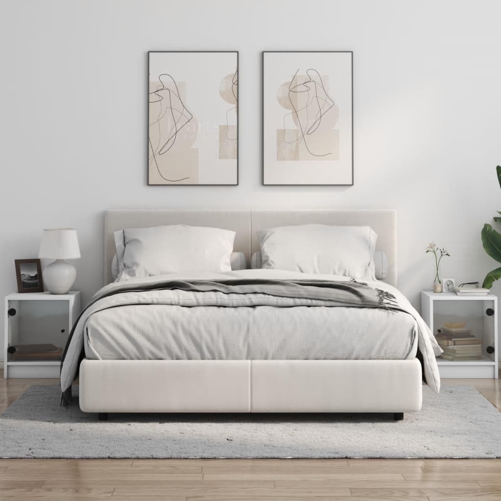 Szafki nocne białe 35x37x42 cm ze szklanymi drzwiami, 2 sztuki, z trwałego tworzywa drewnopochodnego, oferują przestrzeń do przechowywania i solidny blat pod lampkę.