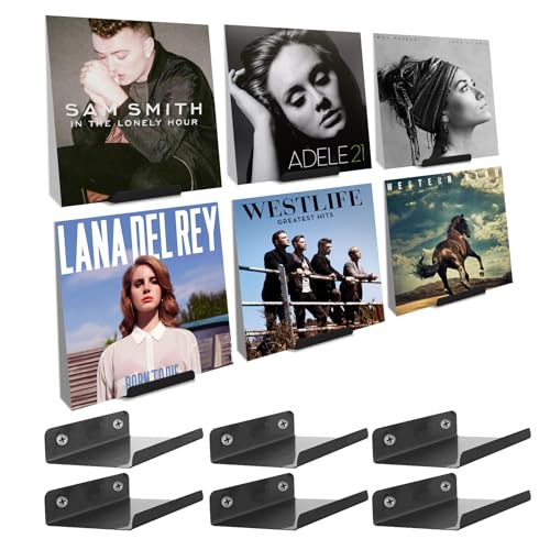 Dealsgogo Soporte de pared de vinilo, paquete de 6 estantes de vinilo de 3.9 pulgadas, soporte de pared, almacenamiento de discos de vinilo y exhibición de discos de vinilo (negro) para exhibición de