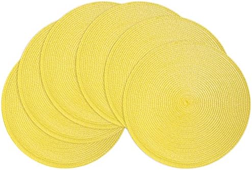 POQGLFT Round Braided Placemats Set of 6 Table Mats for Kitchen Tables Woven Washable Non-Slip Place Mats 15 Inch for Parties (Yellow, 6)