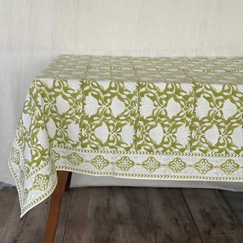 Mantel de algodón estampado a mano con estampado floral verde, mantel hecho a mano, venta del día de San Valentín