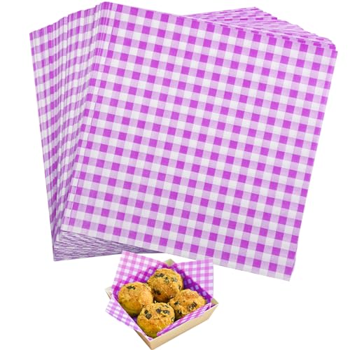 GeeRic Waxed Deli Paper Sheets 7 * 7 Inch, 100 Pcs Food Basket Liners for Sandwiches, Burgers, Checkered Deli Wrap Wax Paper Sheets Purple