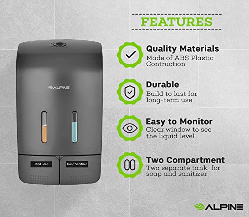 Alpine Industries Double Soap & Hand Sanitizer Dispenser, Surface Mounted, 2 X 18.5 Oz Capacity (Grey) #TOP4