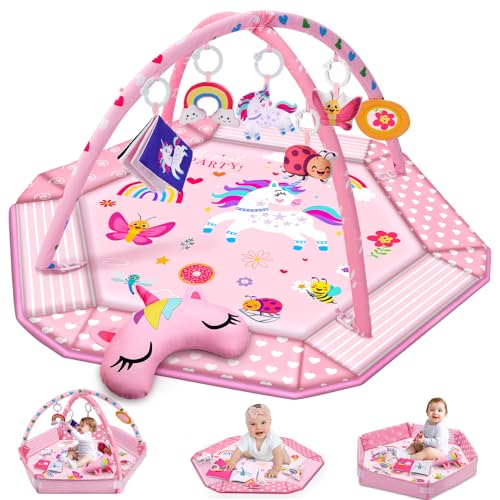 Image of Windidi Unicorn Baby Gym Play Mat, 9-in-1 Tummy Time Mat with 7 Baby Toys, Washable Baby Activity Mat for Visual, Sensory, Motor Development, Newborn Baby Toys Gift for Toddler 0-3-4-6-9-12 Months