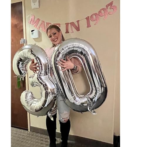 Image of Silver Number 30 Balloon 40 inch, 30 Number Balloons, 30th Silver Birthday Decorations, 30 Year Old Women Men Silver Party Supplies