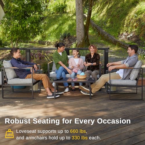 EAST OAK Patio Furniture Set, 4-Piece Outdoor Patio Set with Sofa, Removable & Washable Deep Seating Cushion, Tempered Glass Table, Outside Patio Conversation Sets, Light Gray & Black - Image 2