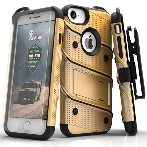 Zizo Bolt Series Compatible with iPhone 8 Case Military Grade Drop Tested with Tempered Glass Screen Protector Holster iPhone 7 case Gold Black