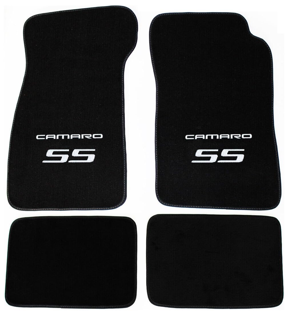 AveryAutoMats Custom Fit 4 Piece Carpet Floor Mats Compatible with 1967-1969 Chevrolet Camaro with Silver SS Embroidered Logo on Front Mats - Black