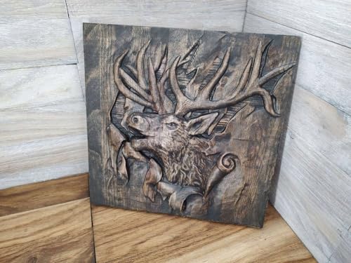 Rugissement de cerf tableau bois relief DEERF 40 cm décoration murale forêt nature