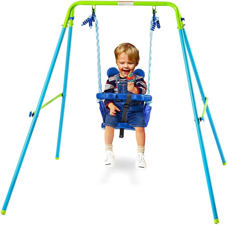 Toddler Swing Foldable Infant Swing Set with Safety Harness Adjustable Ropes Metal A‑Frame Kids Swing for Indoor Outdoor Use
