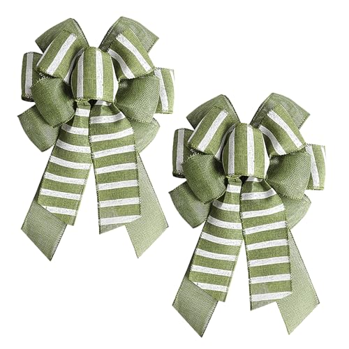 Green Rustic Jute Bows Stripe Burlap Wreaths Bows Christmas Tree Topper for Wedding Holiday Birthday Party Decoration 2 Pack