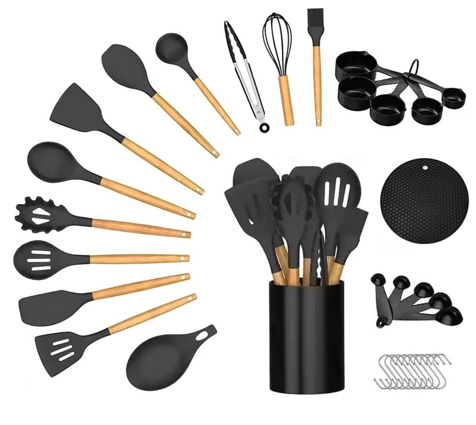 34PCS Silicone Kitchen Utensils Set with Wooden Handles – Non-Sti...