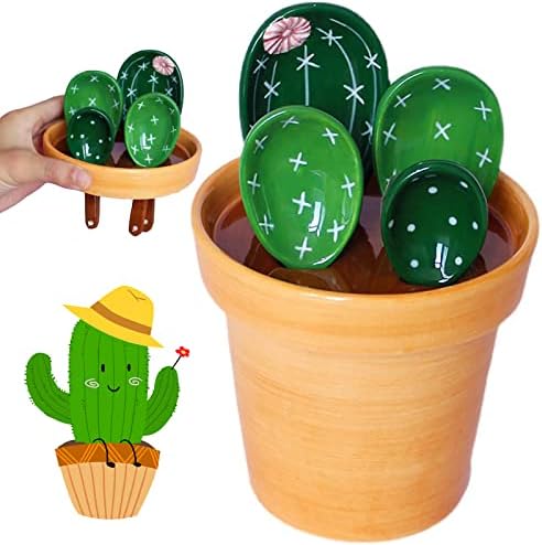 Cactus Measuring Spoons and Cups Set, Cute Ceramic Measuring Spoons, Baking Cacti Measuring Spoon with Holder for Milk Powder Sugar Salt Wet Dry Ingredients, Kitchen Home Small Decorations Ornaments