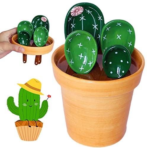 Cactus Measuring Spoons Set in Pot, Cute Ceramic Measuring Cups by BLUESTEER - Used condition - US$18.33