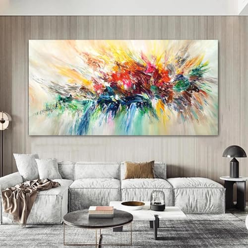 Toile peinture fleur et art abstrait coloré grand format 80x160 cm pour salon