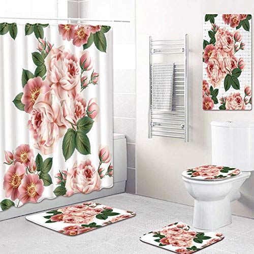 Claean-Acces-Home Wc Deckelbezug 5 Stück 3D Flower Duschvorhang/Badematte/Wc-Pad Set Charakter Muster Anti-Rutsch-Wc…