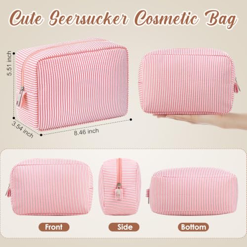 Sanwuta 6 Seersucker Cosmetic Bag Bulk Striped Makeup Bag for Women Aesthetic Cute Travel Toiletry Organizer Preppy Storage Pouch for Wedding Bridesmaid Mother's Day Teacher Gift (Large,Coral Pink) - Image 2