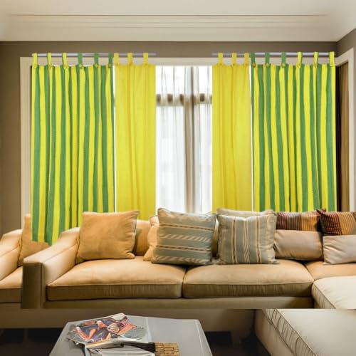 Image of Cotton Stripe and Solid Tab Top Loop Curtains Button Type Combo of 3 Pieces. (Yellow Multi, 4 x 5 ft - Window Curtain)