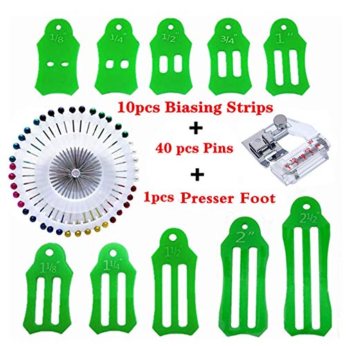 Fbshicung 10Pcs Multi-Sizes Folding Fabric Biasing Strips And Storage Chain,With 40 Pcs Of Multi-Color Quilting Pins And 1Pcs Adjustable Bias Tape Binding Presser Foot #TOP1