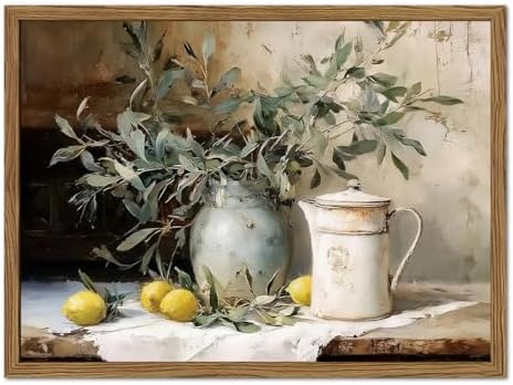 Framed Vintage Kitchen Wall Art, Rustic Yellow Lemon Still Life P...