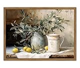Framed Vintage Kitchen Wall Art, Rustic Yellow Lemon Still Life Pictures Wall Decor, Country Botanical Paintings Canvas Prints Farmhouse Home Decor for Dining Room Living Room 12x16 inch