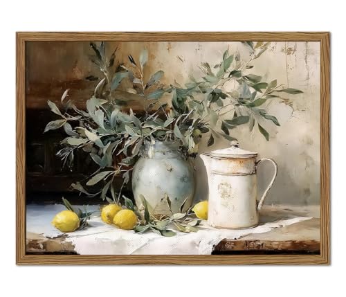 Framed Vintage Kitchen Wall Art, Rustic Yellow Lemon Still Life