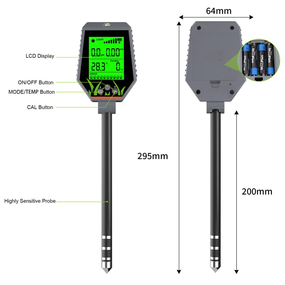 Luocute Tester Gleby 6 w 1, Wyświetlacz LCD PH Gleby EC Wilgoć Żyzność Miernik Temperatury światła Słonecznego z Podświetleniem, do Trawnika Ogrodowego Rośliny Doniczkowe Sadzenie w
