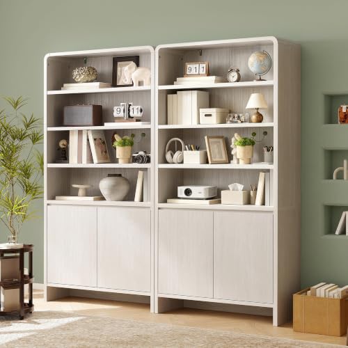 Image of AMERLIFE 71 inch Modern Bookcase Set of 2 with Storage Cabinets, White | 2 Pieces Bookshelf Set, Storage Cabinets with Adjustable Shelves, Curved Design, Ideal for Living Room, Bedroom, Home Office